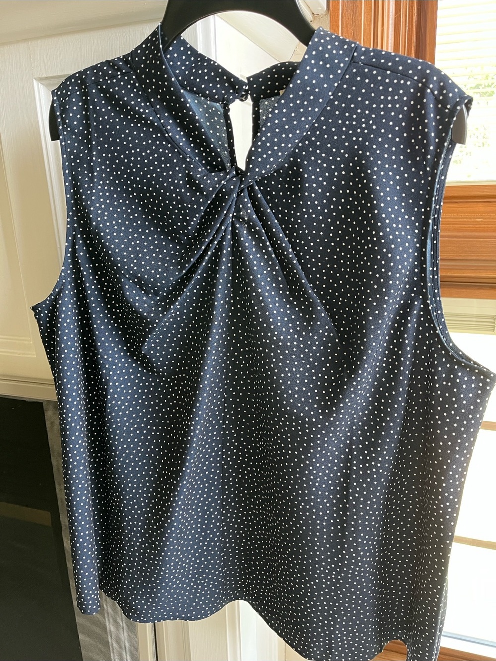 LOFT Navy Blue Sleeveless Polka Dot Twist Neck Blouse